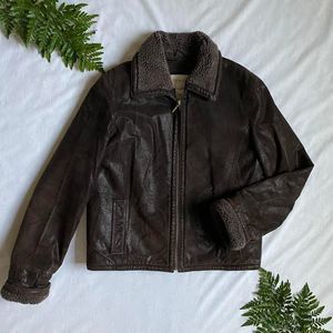 Vintage chocolate brown genuine leather coat w/faux fur lining & trim